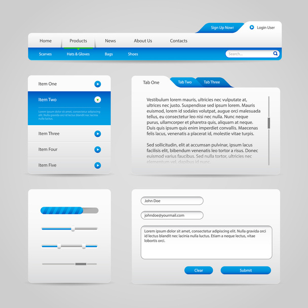 Web UI Controls Elements Gray And Blue On Light Background 4: Navigation Bar, Buttons, Slider, Message Box, Menu, Tabs, Input Text Area, Search, Scroll, Progress Bar, Accordion - Vettoriali, immagini