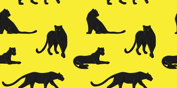 Animal wallpaper with black Panthers on yellow background - seamless background for printing on fabric - Vettoriali, immagini