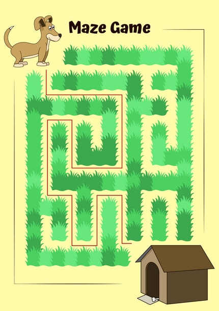 Jeu éducatif pour les enfants. Aidez le petit chien à courir vers son chenil - puzzle labyrinthe avec solution - Vecteur, image