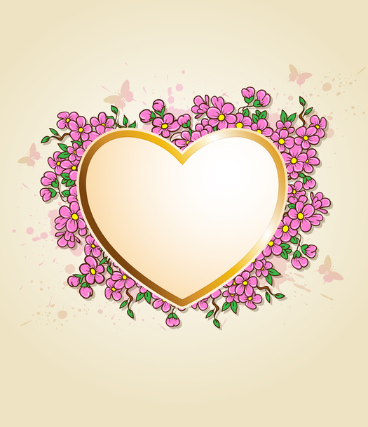 Card with heart and pink flowers - Vector, Image