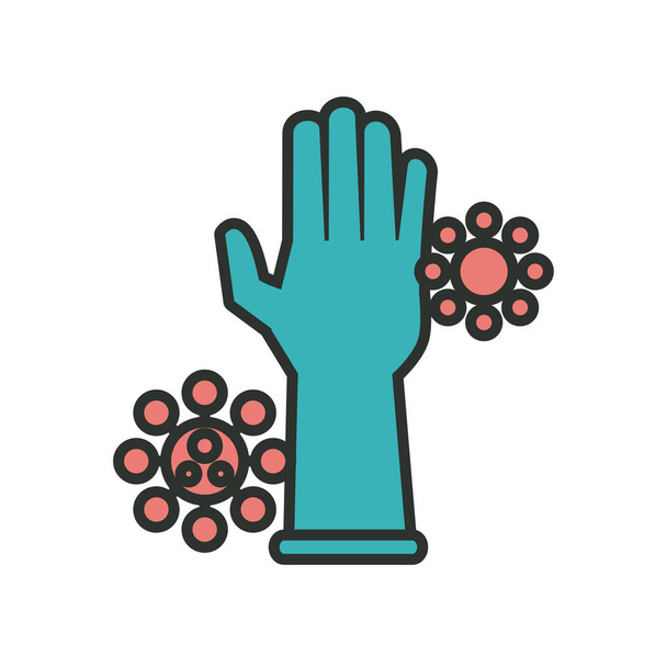 gumová rukavice s kovid19 částicemi čáry a výplní stylu ikony - Vektor, obrázek