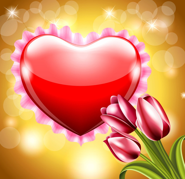 Red heart with tulips on a gold background - Vetor, Imagem