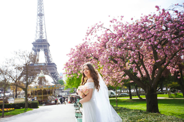newly married couple in Paris near the Eiffel Tower - Fotografie, Obrázek