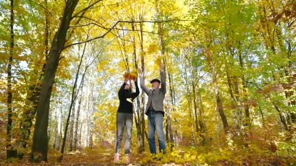 Blížící se záběr zespodu šťastné rodiny starších párů manželek a manželek, současně vyhazování listí a pak objímání v krásném lese za slunečného počasí. Aktivní důchodci odpočívají. - Záběry, video