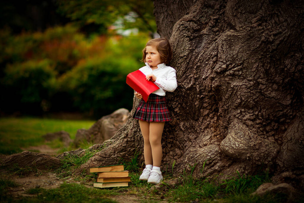 a girl in school uniform, eating a sandwich near a large tree, during a break between classes at school, September 1 - Foto, afbeelding