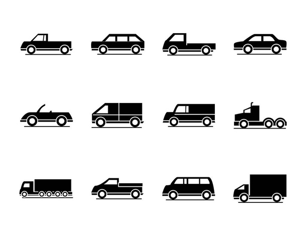car model truck container pickup container transport vehicle silhouette style icons set design - Vector, Image