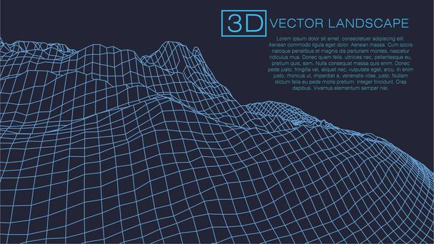 Wireframe 3D landscape mountains. Wireframe landscape wire. 3d landscape. Digital retro landscape cyber surface. Vector illustration. - Vector, Image