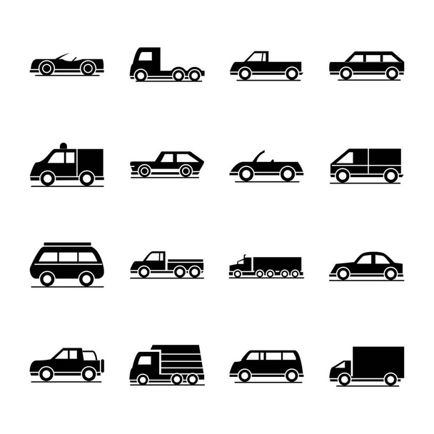 autó modell szállítás teherautó tömegközlekedés jármű sziluett stílusú ikonok készlet design - Vektor, kép