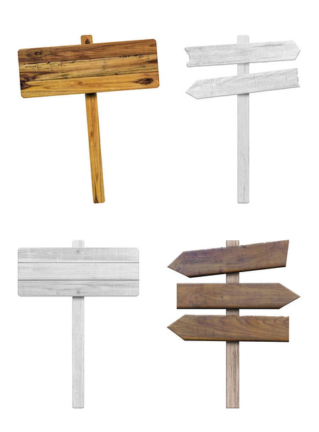 4 διαφορετικές ξύλινες πινακίδες που απομονώνονται σε λευκό φόντο. Αντικείμενο με διαδρομή αποκοπής. - Φωτογραφία, εικόνα