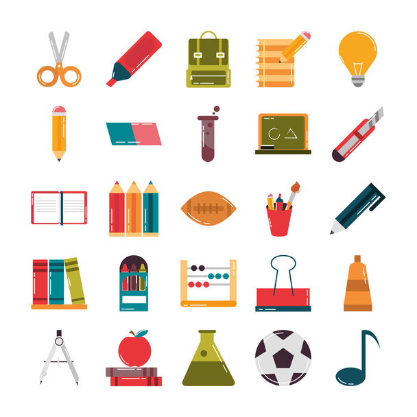 school education supply class stationery flat style icons set - Vector, Image