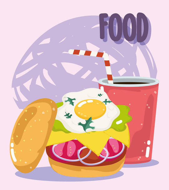 fast food menu restaurant unhealthy fried egg burger and soda - Vector, Image