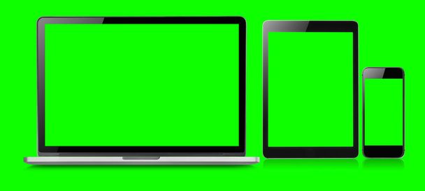 Immagine mockup di laptop, tablet e schermo verde vuoto mobile in posizione verticale isolato su sfondo verde, Mockup dispositivo concetto. - Foto, immagini