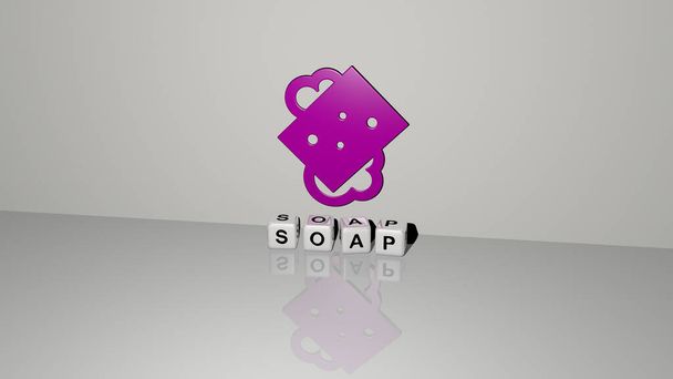 3D edustus SOAP kuvaketta seinällä ja tekstin järjestetty metallinen kuutiometriä kirjaimia peililattialla käsitteen merkitys ja diaesitys esitys. tausta ja havainnollistaminen - Valokuva, kuva