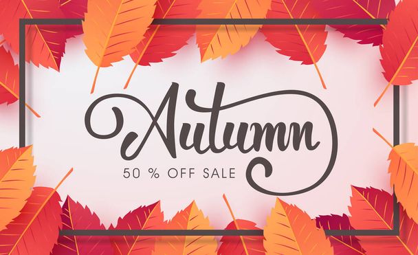 秋の販売の背景のレイアウトは、ショッピング販売やプロモーションポスターやフレームリーフレットやウェブバナーのための葉で飾る。. - ベクター画像