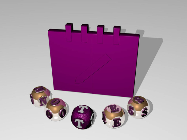 Representación 3D de NOTAS con icono en la pared y texto dispuesto por letras cúbicas metálicas en un piso espejo para el significado del concepto y presentación de diapositivas. fondo e ilustración
 - Foto, imagen