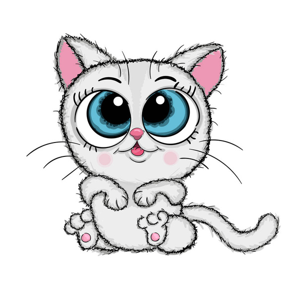 Aranyos cica fehér háttér illusztráció vektor. Kézzel rajzolt macska. Rajzfilm macska kártya. Macska vázlat nyomtatás tervezés macska, gyerekek nyomtatni a póló. - Vektor, kép