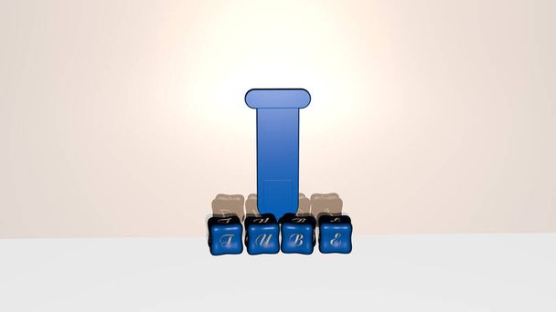 Representación 3D de tubo con icono en la pared y texto arreglado por letras cúbicas metálicas en un piso de espejo para el significado del concepto y presentación de diapositivas. ilustración y fondo - Foto, Imagen