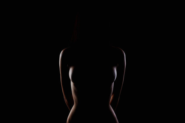 Karanlıkta çıplak kadın silueti. Güzel, Seksi, Çıplak Vücut Kızı - Fotoğraf, Görsel
