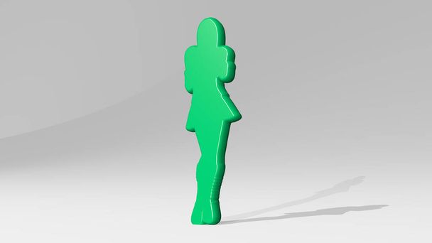 Dziewczyna z perspektywy cienia. Gruba rzeźba wykonana z metalowych materiałów renderingu 3D. piękne i tło - Zdjęcie, obraz