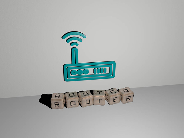3D-Darstellung von ROUTER mit Icon an der Wand und Text, angeordnet durch metallische kubische Buchstaben auf einem Spiegelboden für Konzeptbedeutung und Diashow-Präsentation. Illustration und Internet - Foto, Bild