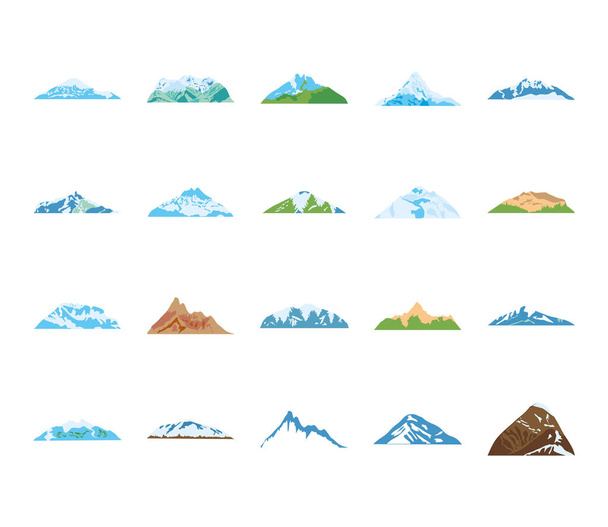 conjunto de iconos de montañas frías y montañas, estilo plano - Vector, imagen