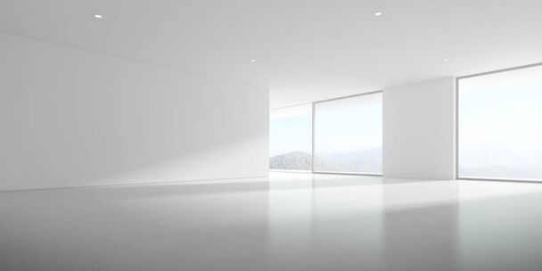 Μοντέρνο άδειο δωμάτιο με τσιμεντένιο δάπεδο και μεγάλο παράθυρο στο φόντο της φύσης. 3d απόδοση. - Φωτογραφία, εικόνα