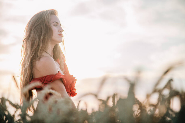 Beautiful girl in red dress and striped hat posing in a wheat field - Fotoğraf, Görsel