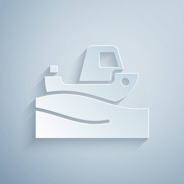 Papiergeschnittene Fischerboot auf dem Wasser Symbol isoliert auf grauem Hintergrund. Papierkunst. Vektor. - Vektor, Bild