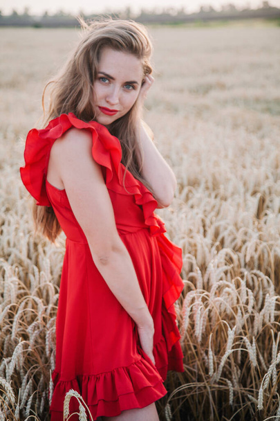 Beautiful girl in red dress and striped hat posing in a wheat field - Foto, Imagen