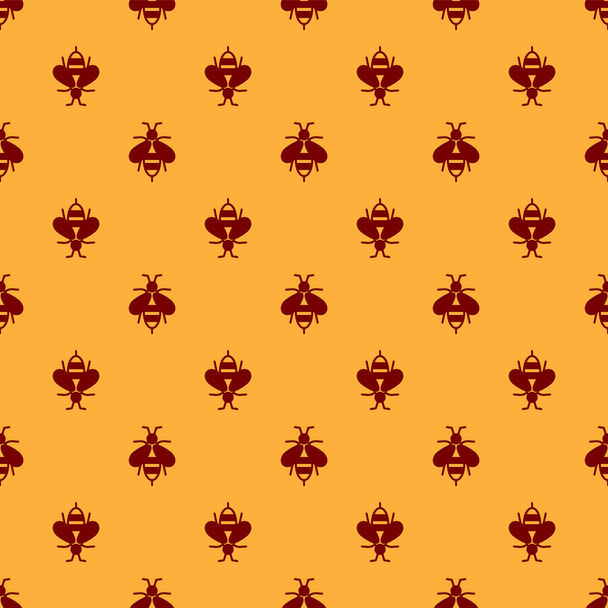 Red Bee icoon geïsoleerd naadloos patroon op bruine achtergrond. Zoet natuurlijk voedsel. Honingbij of apis met vleugels symbool. Vliegend insect. Vector. - Vector, afbeelding