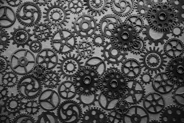 Gears, black and white abstract background, lots of small gears, steampunk - Photo, Image