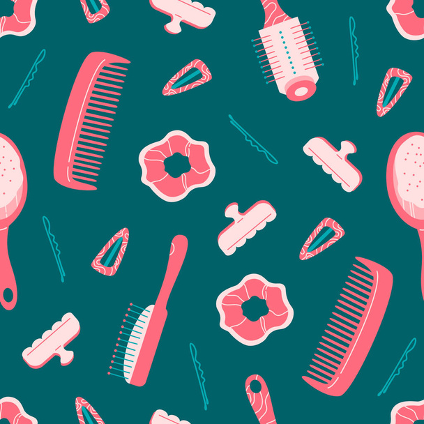 Different colorful hair brushes and accessories seamless pattern on dark blue green background. Flat vector illustration in cartoon style. - Vektor, obrázek
