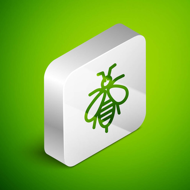 Isometric line Bee icon isolated on green background. Sweet natural food. Honeybee or apis with wings symbol. Flying insect. Silver square button. Vector. - Vector, Image