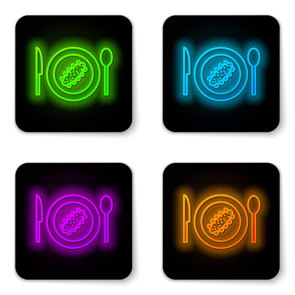 Glowing neon line Served cucumber on a plate icon isolated on white background. Marine food. Black square button. Vector.. - Vector, Image