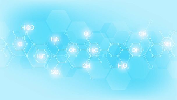 Patrón químico abstracto sobre fondo azul con fórmulas químicas y estructuras moleculares. Diseño de plantillas con concepto e idea para tecnología de ciencia e innovación. - Foto, Imagen