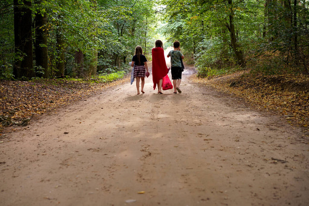 los niños caminan por el camino del bosque con toallas  - Foto, imagen