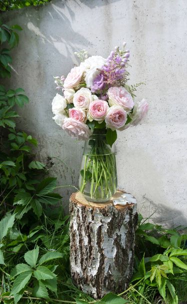 Uma foto romântica com um buquê de delicadas rosas inglesas cor-de-rosa em pé em um vaso em um toco de bétula. Buquê romântico no fundo de uma parede de concreto entrelaçado com virginia trepadeira
. - Foto, Imagem