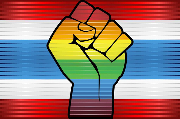 Puño de protesta LGBT brillante en una bandera de Tailandia - Ilustración, grunge abstracto Bandera de Tailandia y bandera LGBT - Vector, Imagen