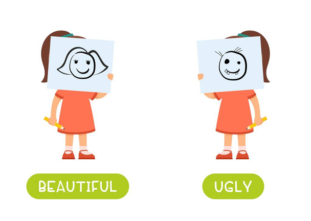美しく醜い異同語の単語カードベクトルテンプレート。英語学習のためのフラッシュカード。概念に反する。少女は顔の前で美しい絵を描いています子供は醜いキャラクターを描いています. - ベクター画像