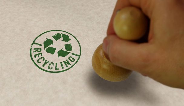Újrahasznosító bélyegző és bélyegző kéz. Újrahasznosítható szimbólumok, nyilak, újrahasznosítható anyagok, környezetvédelem és a föld biztonságos koncepciója. - Fotó, kép