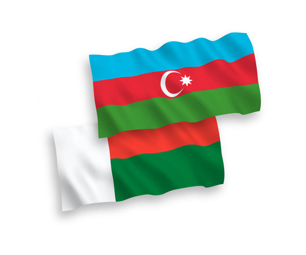 Beyaz arka planda Azerbaycan ve Madagaskar 'ın ulusal taşıyıcı kumaş bayrakları izole edildi. 1 'e 2 oranında. - Vektör, Görsel