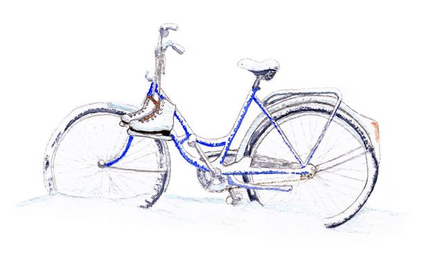 Karda donmuş mavi bisiklet, gidonun üzerinde patenler suluboya ile boyanmış.. - Fotoğraf, Görsel