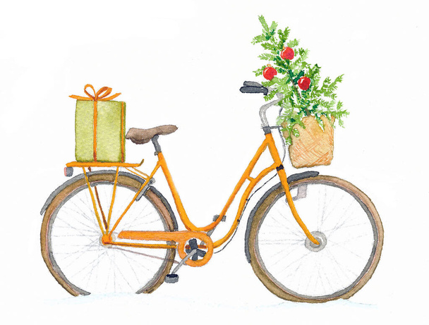 Vélo jaune dans la neige, avec sapin de Noël et cadeau de Noël, peint à l'aquarelle - Photo, image