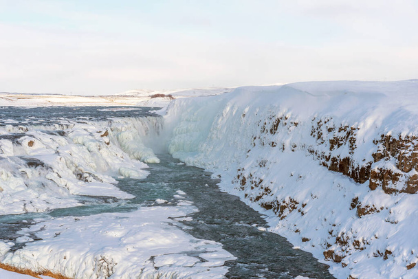 Amazing aereal winter landscape view of Gullfoss waterfall in Iceland. Picturesque winter landscape view of Gullfoss waterfall in Iceland. - Zdjęcie, obraz