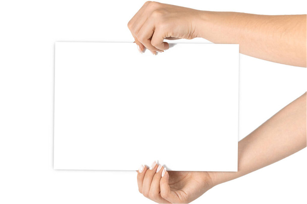 Karta izolovaná. Ruka drží prázdné vizitky z papíru izolované na bílém pozadí. Prázdná šablona kreditu v ruce - Fotografie, Obrázek