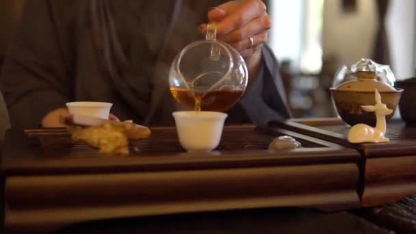 Pouring a High Quality tea while the Traditional Chinese tea ceremony is perfomed by tea master on Tea table - Chaban, Chahai and pial - Filmati, video