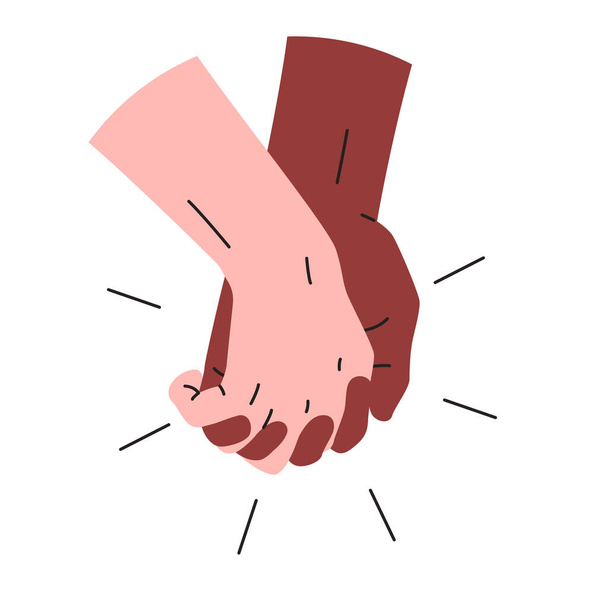 Holding hands icon. Vector colorful illustration of interracial couple holding hands. Black and white interracial hands concept of love, diversity, romantic, relationships - Вектор, зображення