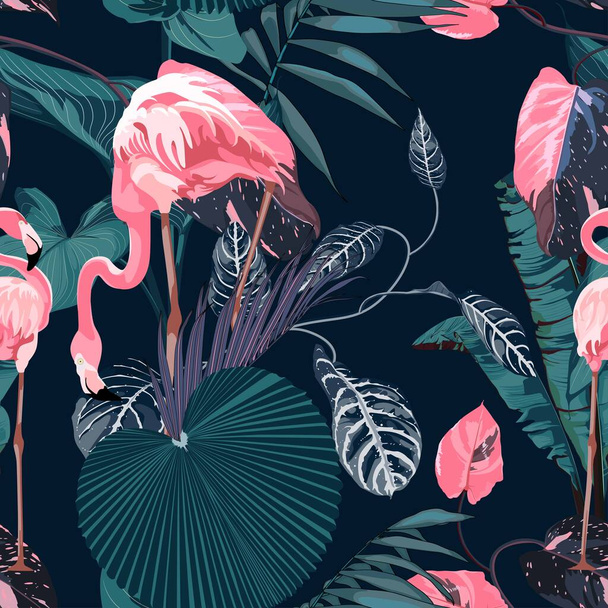 Tropical night vintage wild pink flamingo birds  pattern, palm tree, palm leaves and plant floral seamless border black background. Exotic jungle wallpaper. - Vektor, Bild