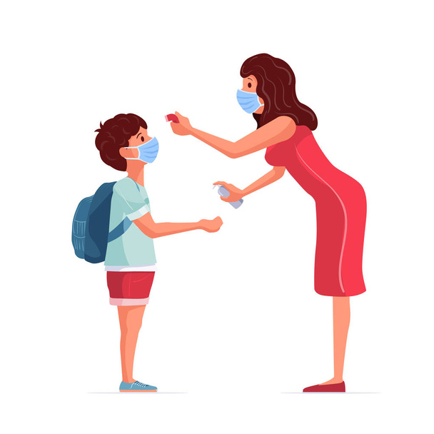 The teacher measures the fever of the student. The teacher gives the student antidisinfectants. Back to school in pandemic times. - Vector, Image