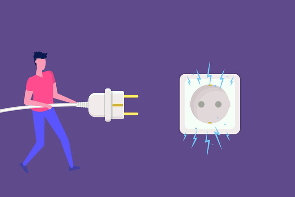 Man Disconnecting Plug with electricity spark. Bug 404. Vector illustration in flat style - Vektor, Bild